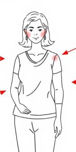 Line drawing of a woman showing common areas treated with red light therapy for loose skin
