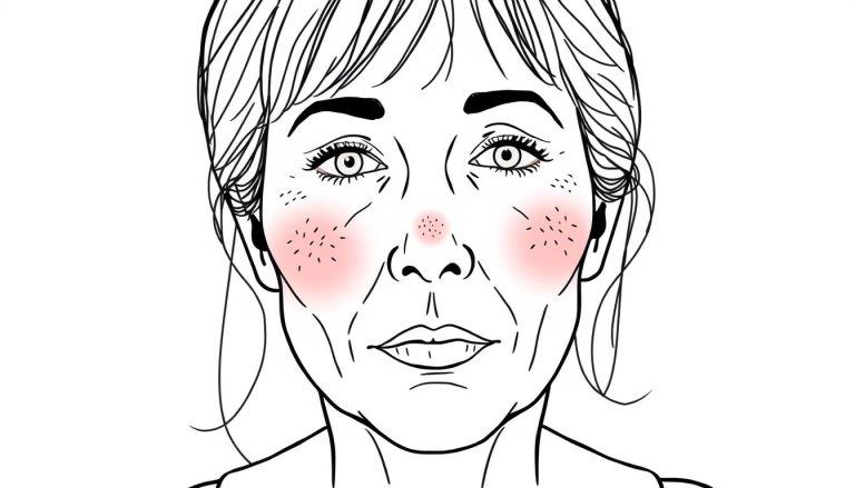 Line drawing of a middle-aged woman with rosacea symptoms on her cheeks and nose