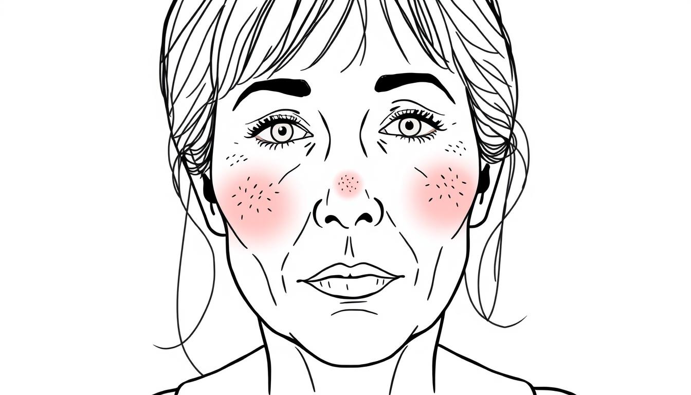 Line drawing of a middle-aged woman with rosacea symptoms on her cheeks and nose