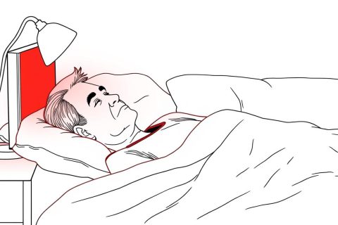 Line drawing of a person in their 40s using red light therapy for sleep improvement
