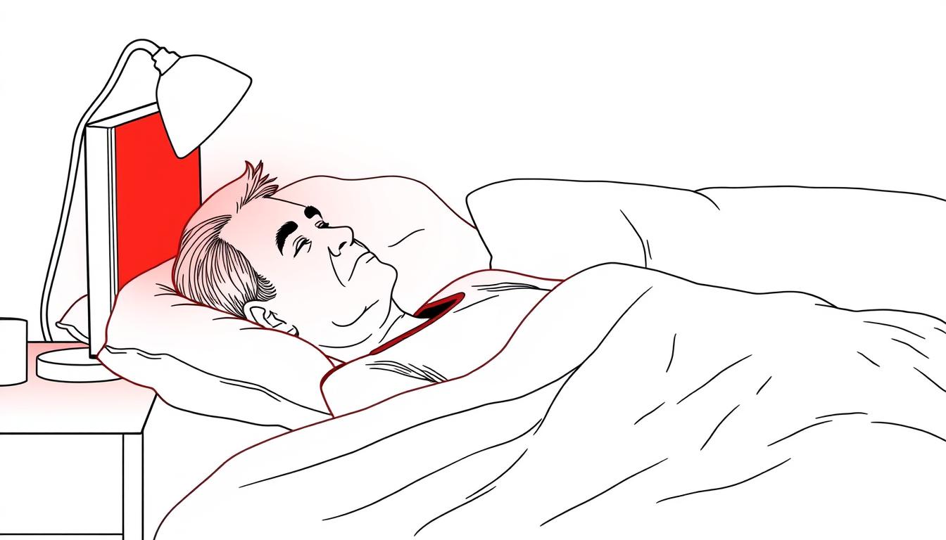 Line drawing of a person in their 40s using red light therapy for sleep improvement