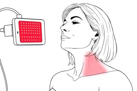 Line drawing of a woman in her 40s using red light therapy panel on loose neck skin