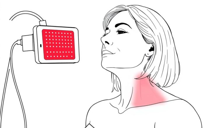 Line drawing of a woman in her 40s using red light therapy panel on loose neck skin