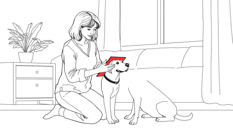 Line drawing of a woman using red light therapy panel on her dog with red light therapy for dogs, horses, cats