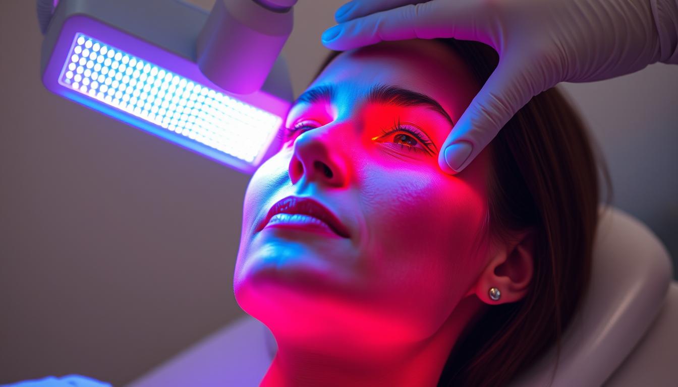 Red light therapy for face treatment showing red LED panel illuminating a woman's face