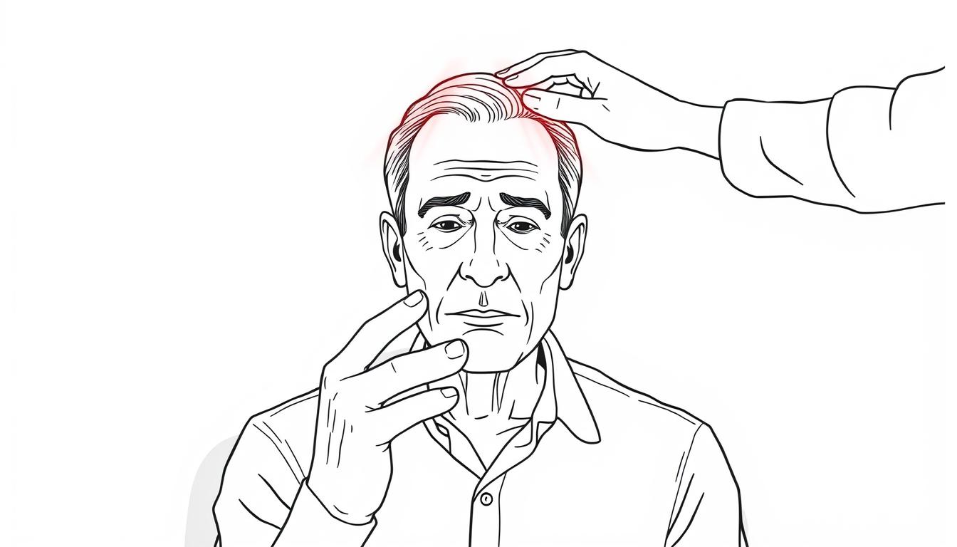 A line drawing of an older man with Parkinson's tremor receiving red light therapy treatment on his head, showing red light therapy for Parkinson's application