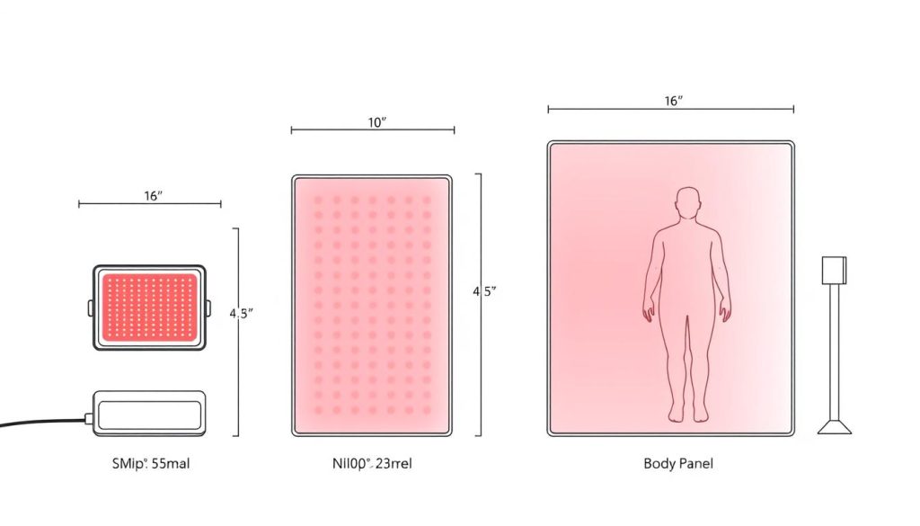 Line drawing comparing different sizes of red light therapy devices for carpal tunnel treatment