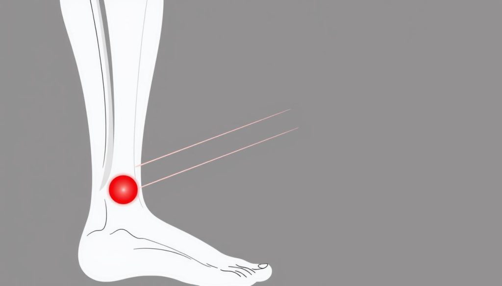Line drawing illustrating how red light penetrates tissue to reach the Achilles tendon Line drawing illustrating how red light penetrates tissue to reach the Achilles tendon