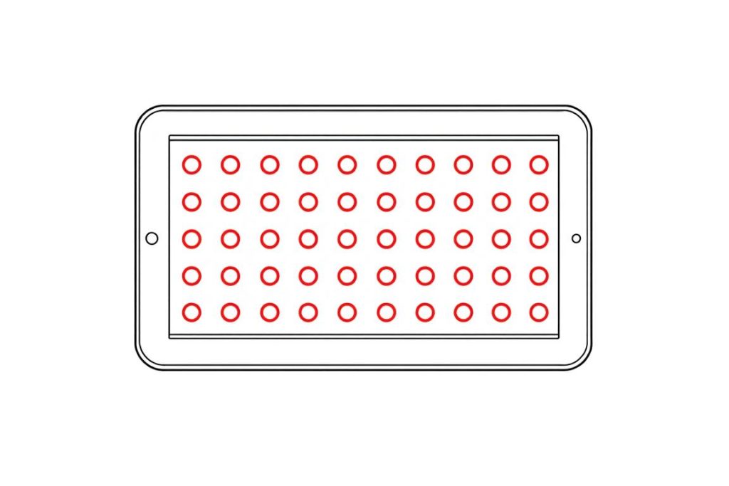 Line drawing of a PlatinumLED BioMax panel showing its design features for treating conditions like endometriosis Line drawing of a PlatinumLED BioMax panel showing its design features for treating conditions like endometriosis