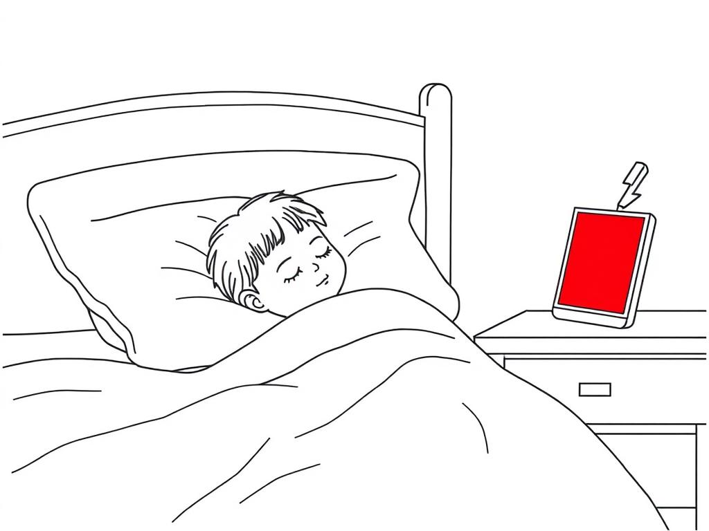 Line drawing of a child sleeping peacefully after red light therapy for kids session. Therapy time must adhere to device guidelines.