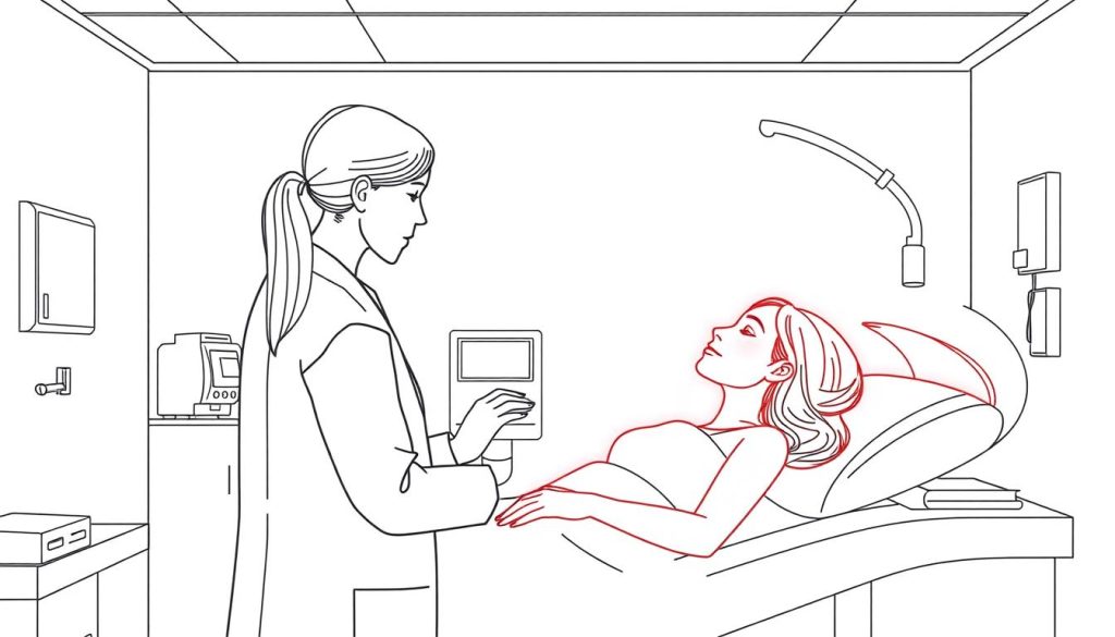 Line drawing of a clinical research setting with a woman receiving red light therapy for endometriosis treatment while researchers take notes Line drawing of a clinical research setting with a woman receiving red light therapy for endometriosis treatment while researchers take notes