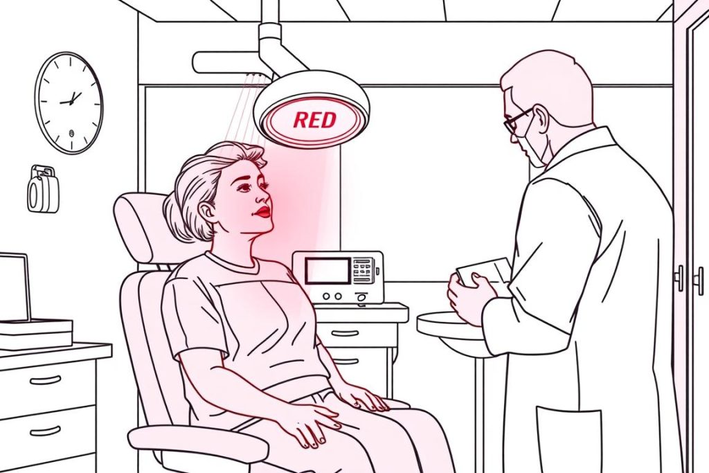 Line drawing of a clinical study setting with red light therapy for TMJ being administered