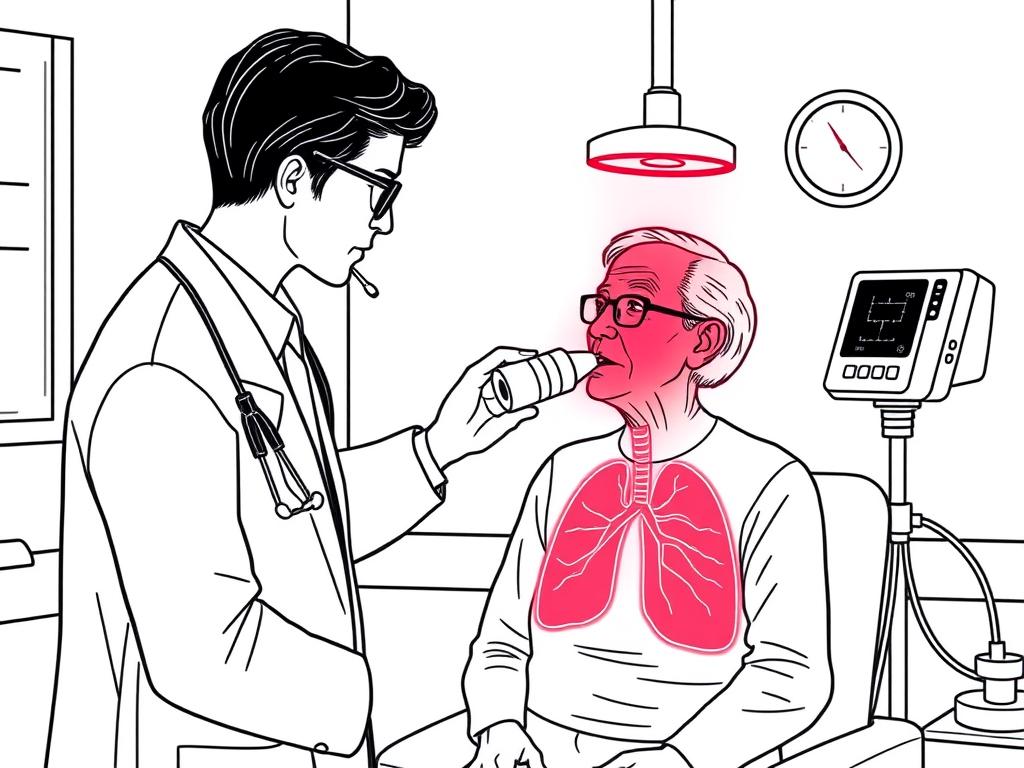 Line drawing of a clinical study setup showing red light therapy being administered to a COPD patient with measurement equipment