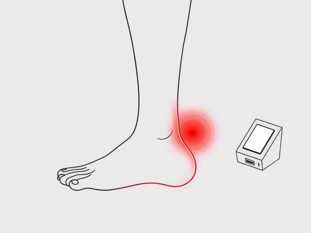 Line drawing of a compact red light therapy device positioned to treat Achilles tendon Line drawing of a compact red light therapy device positioned to treat Achilles tendon