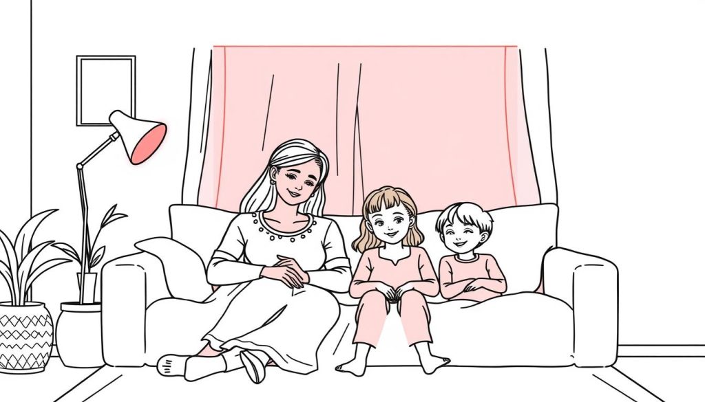 Line drawing of a family using red light therapy for kids together in a home setting