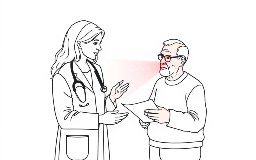 Line drawing of a healthcare professional discussing red light therapy for Parkinson's with a patient, showing a consultation scenario