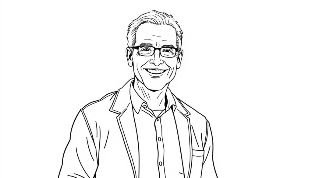 Line drawing of a man in his 40s experiencing improved quality of life after red light therapy for penis health