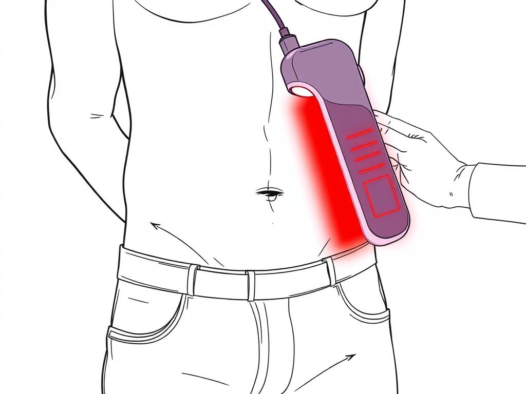 Line drawing of a man in his 40s receiving red light therapy for penis health showing improved blood flow