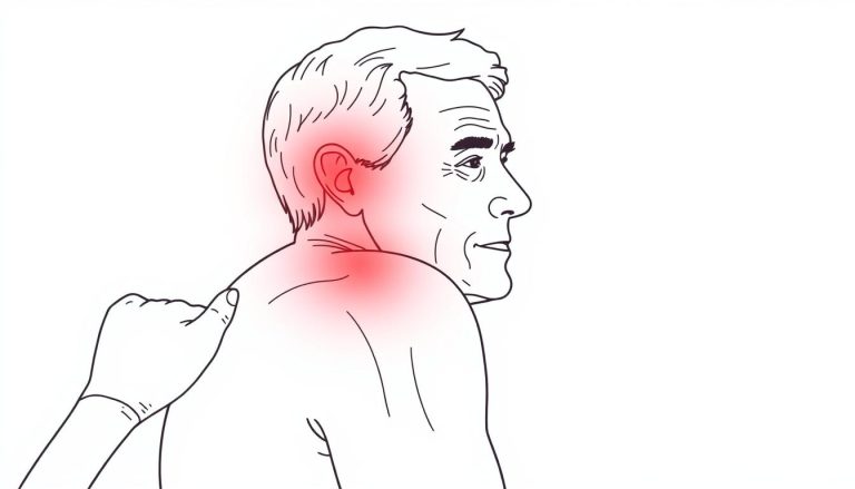 Line drawing of a middle-aged person with highlighted rotator cuff area showing red light therapy application for shoulder pain