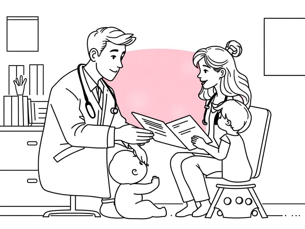 Line drawing of a parent and doctor discussing red light therapy for kids options