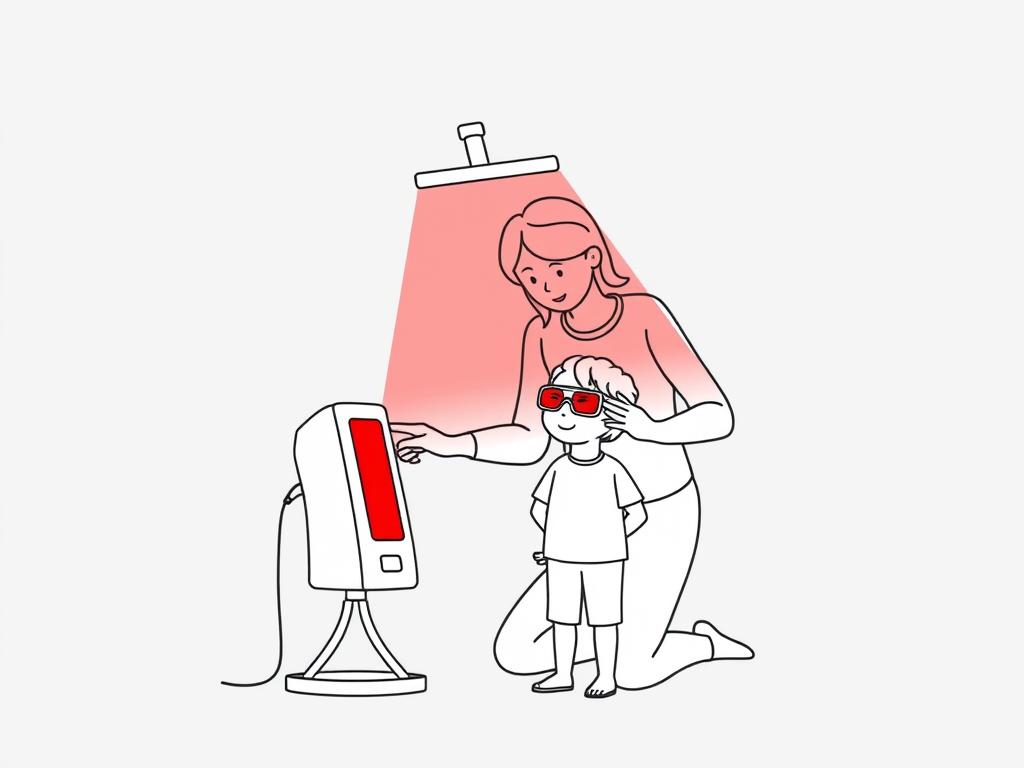 Line drawing of a parent helping a child with proper red light therapy for kids session setup