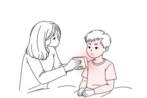 Line drawing of a parent supervising a child using red light therapy for kids safely