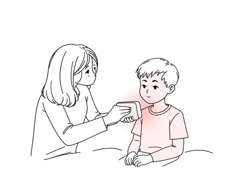 Line drawing of a parent supervising a child using red light therapy for kids safely