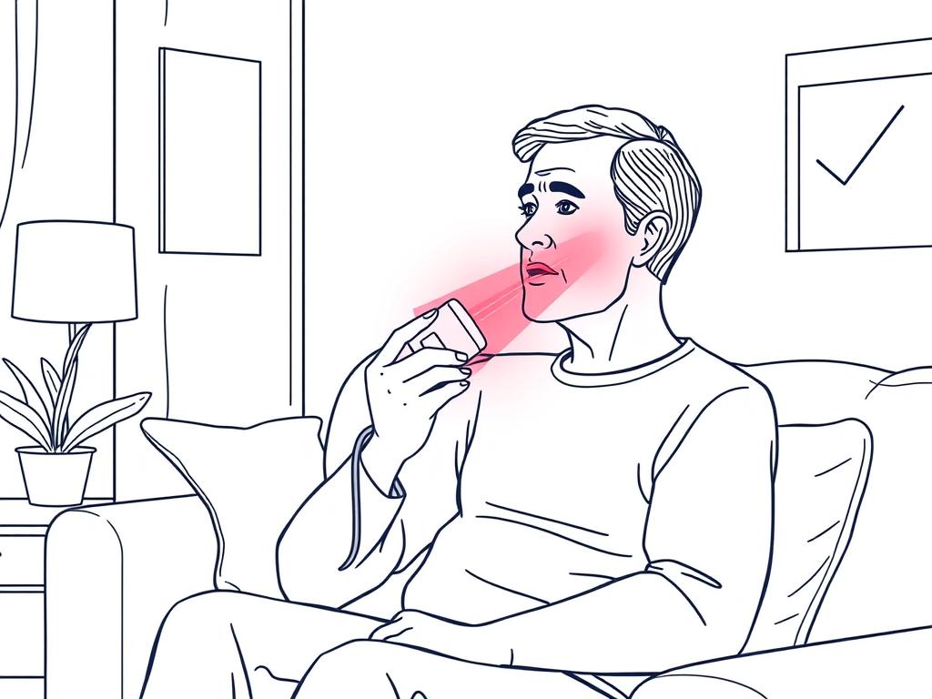 Line drawing of a person using a compact red light therapy device for TMJ treatment at home