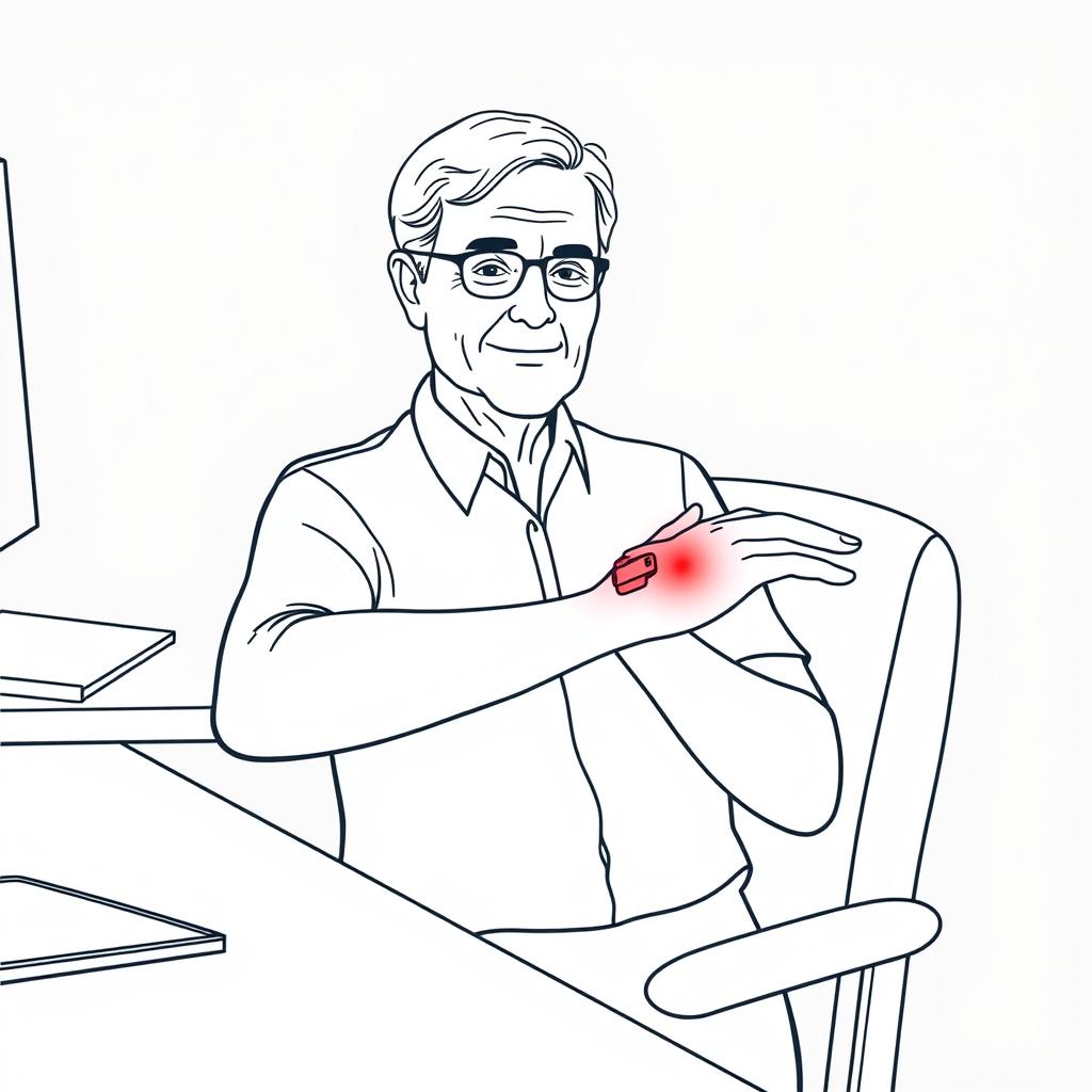 Line drawing of a person using a red light therapy device on their wrist for carpal tunnel relief