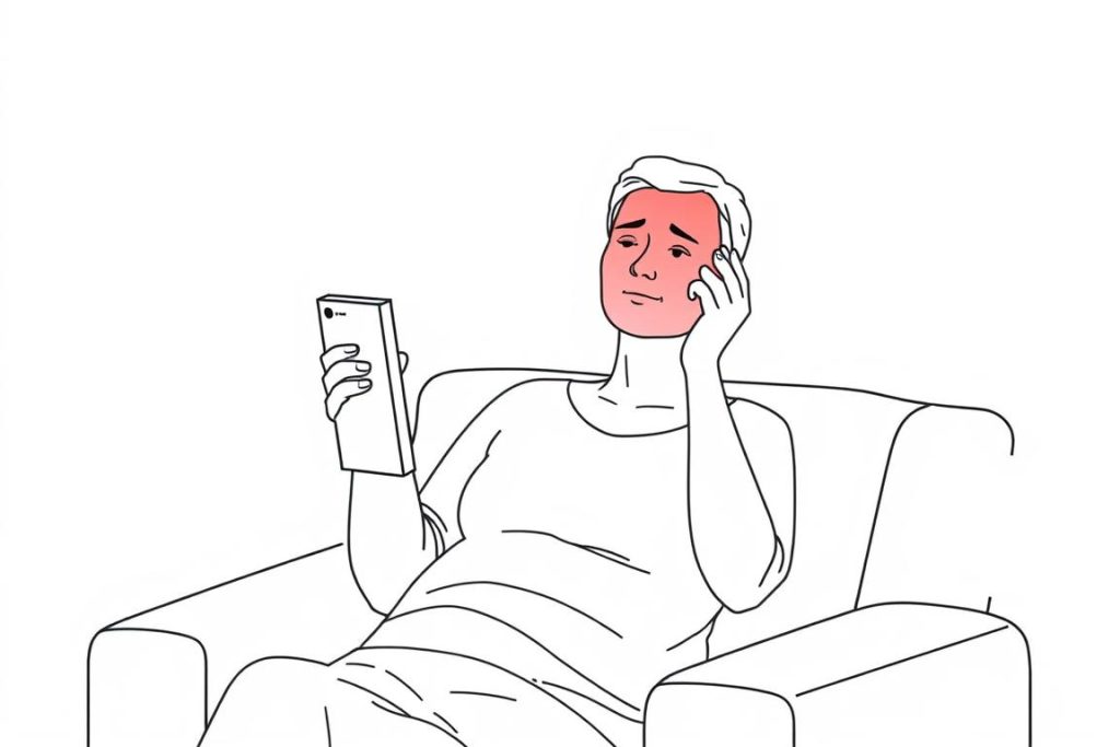 Line drawing of a person using a red light therapy panel to treat areas affected by seborrheic dermatitis on their face and scalp, demonstrating proper device positioning for effective treatment.