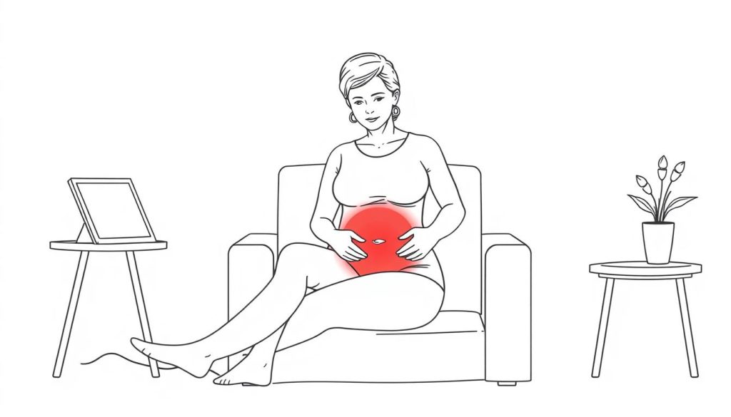 Line drawing of a person using red light therapy on pelvic area while in a comfortable position