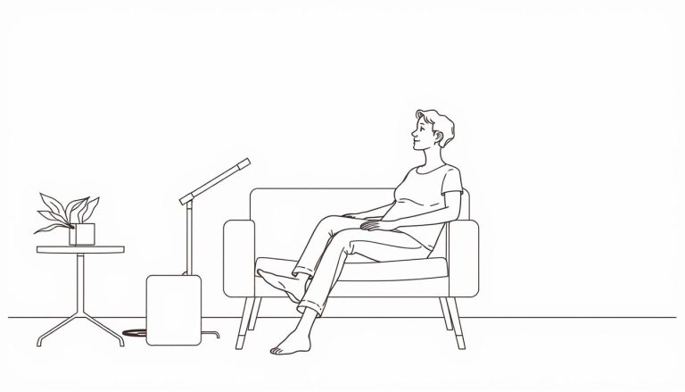 Line drawing of a person using red light therapy on their legs while sitting comfortably