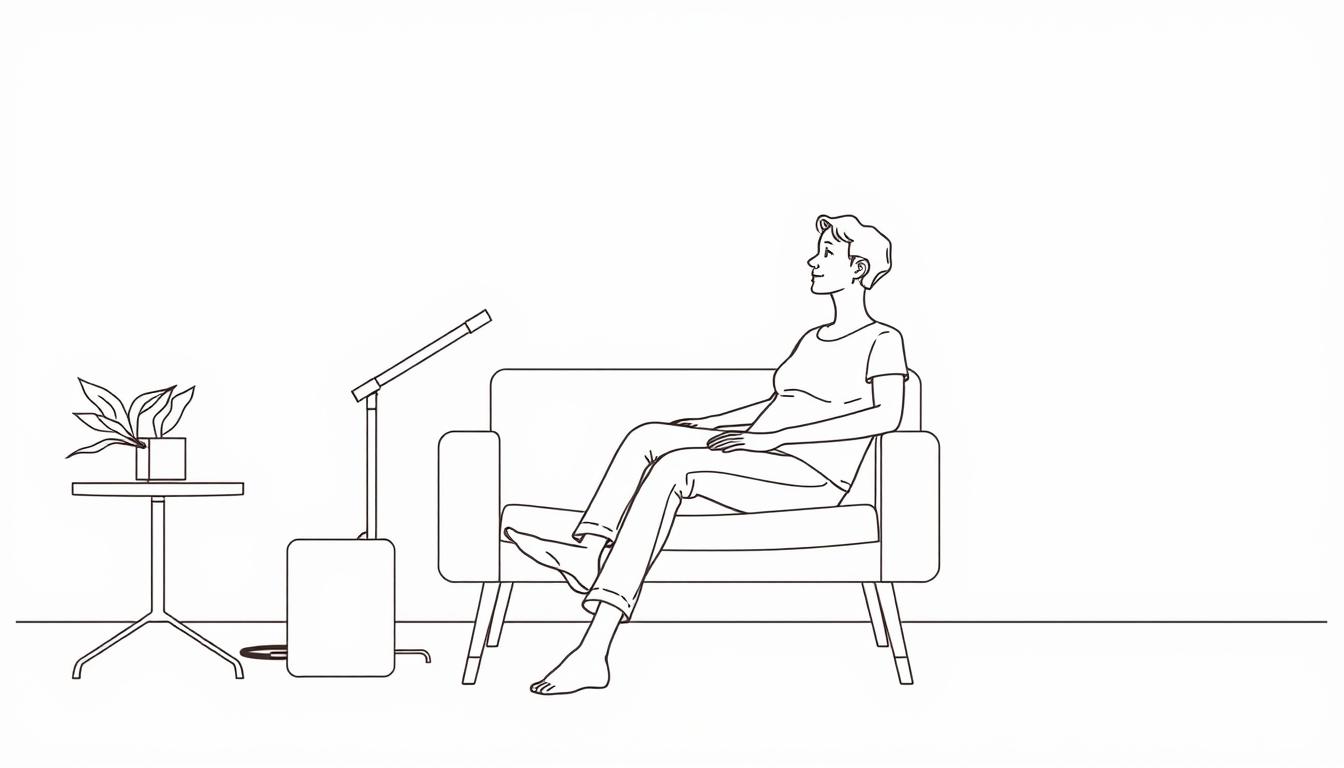 Line drawing of a person using red light therapy on their legs while sitting comfortably