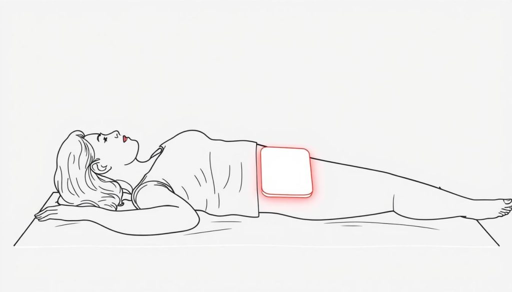 Line drawing of a person using red light therapy panel directed at the pelvic region while lying down