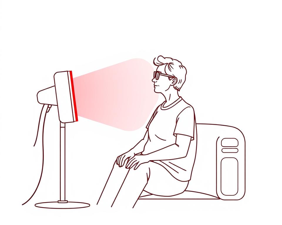 Line drawing of a person wearing protective eyewear during a red light therapy session for treating seborrheic dermatitis, illustrating proper safety precautions.