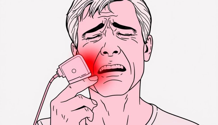 Line drawing of a person with TMJ pain applying red light therapy to jaw area