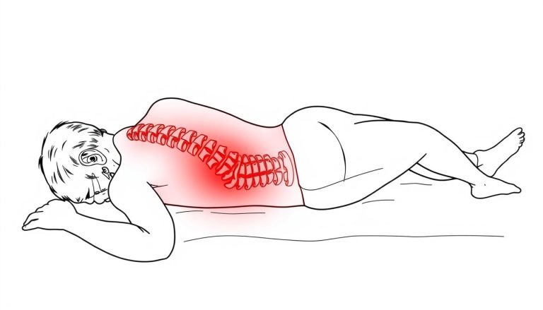 Line drawing of a person with a herniated disc receiving red light therapy treatment