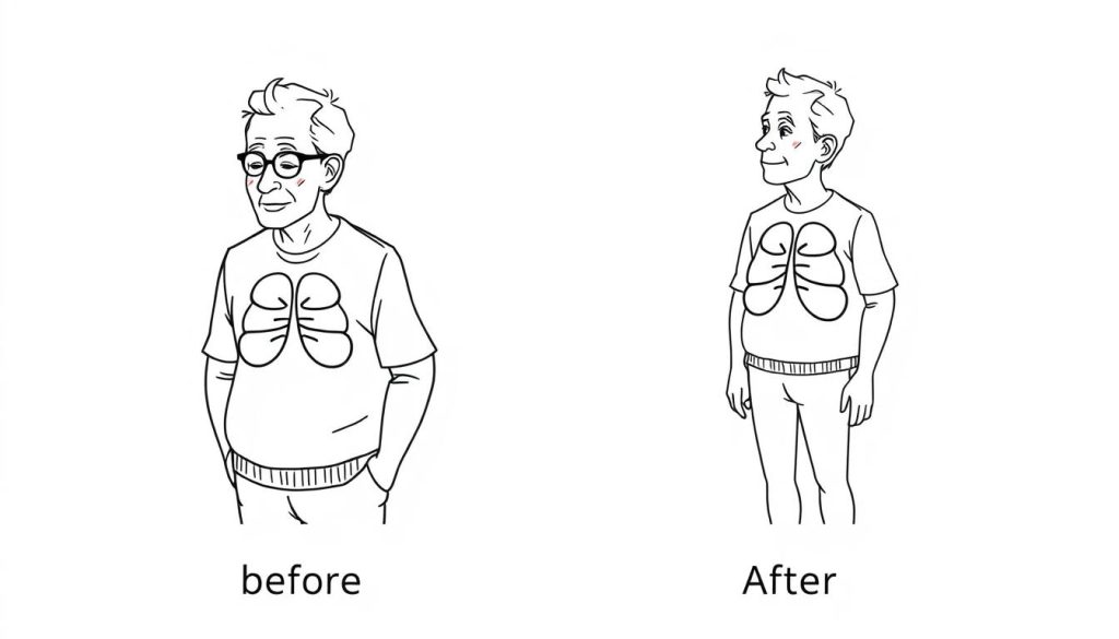Line drawing of a person with improved breathing after red light therapy for COPD treatment, showing before and after comparison