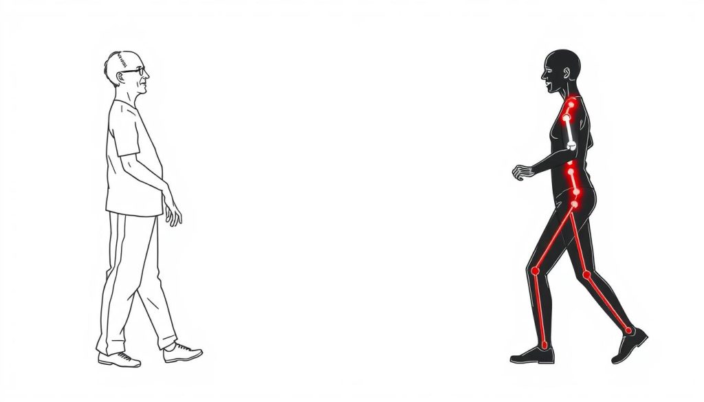 Line drawing of a person with improved mobility after red light therapy for Parkinson's, showing before and after treatment comparison