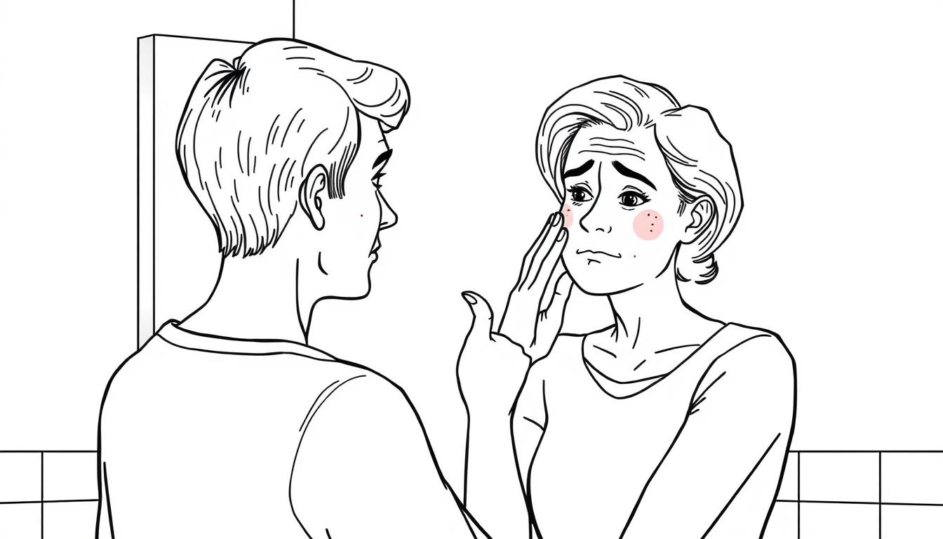 Line drawing of a person with seborrheic dermatitis, seborrheic keratosis, and keratosis pilaris examining their skin in a mirror, highlighting the visible symptoms of these conditions that red light therapy may help treat.