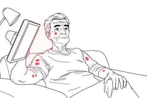 Line drawing of a person with vitiligo patches using red light therapy for vitiligo treatment