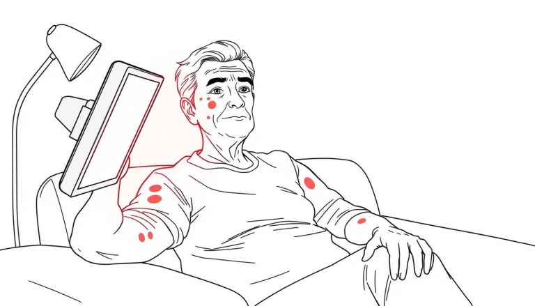 Line drawing of a person with vitiligo patches using red light therapy for vitiligo treatment