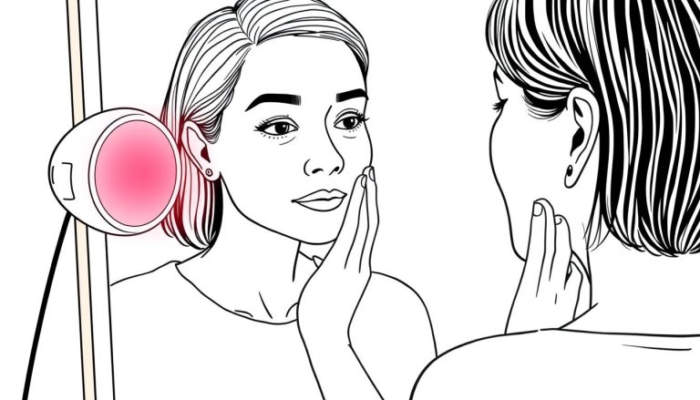 Line drawing of a woman in her 40s examining hyperpigmentation spots on her cheek with red light therapy for hyperpigmentation treatment nearby