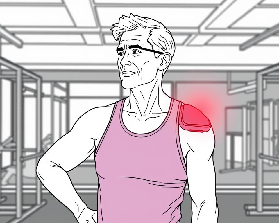 Line drawing of an athlete using red light therapy on shoulder for rotator cuff recovery between training sessions
