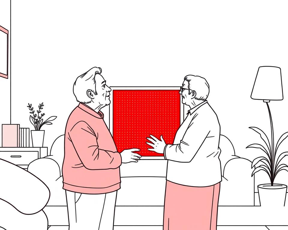 Line drawing of an elderly couple using a full-body red light therapy panel at home, demonstrating red light therapy for Parkinson's home treatment