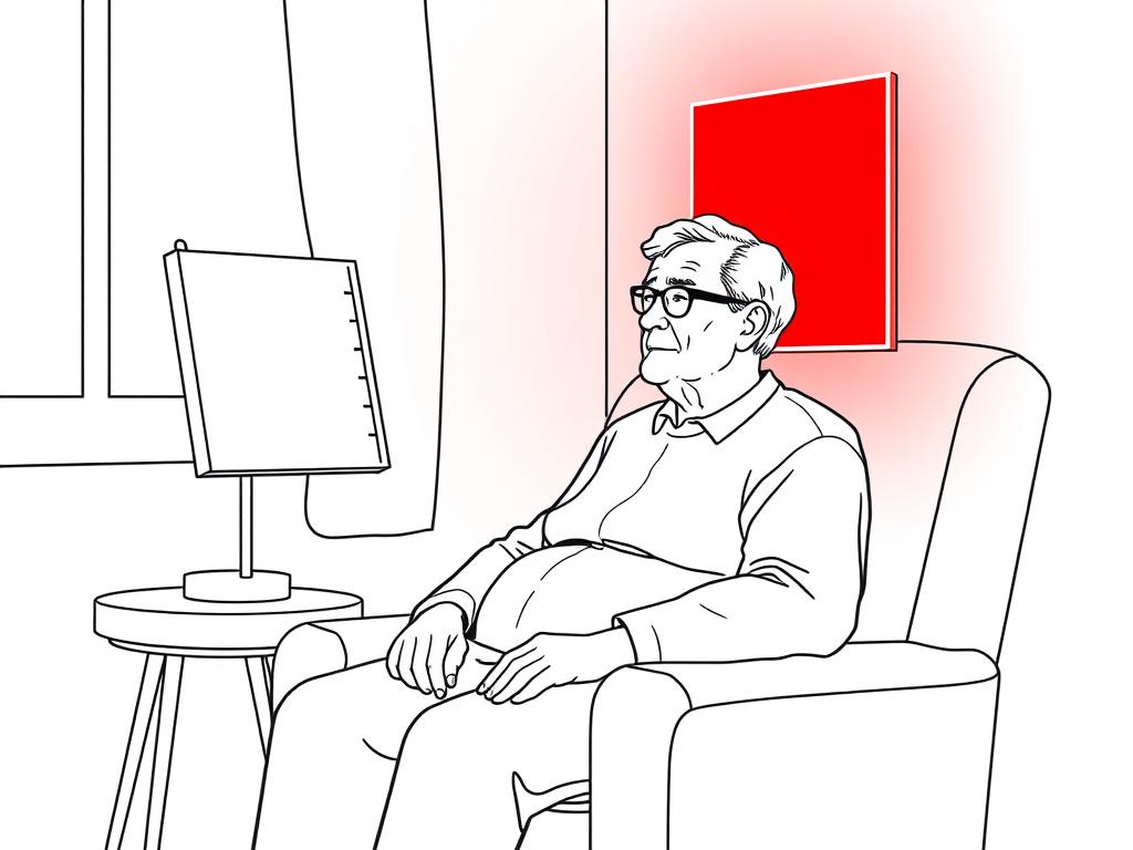 Line drawing of an older adult using red light therapy at home for dementia and Alzheimer's treatment Line drawing of an older adult using red light therapy at home for dementia and Alzheimer's treatment