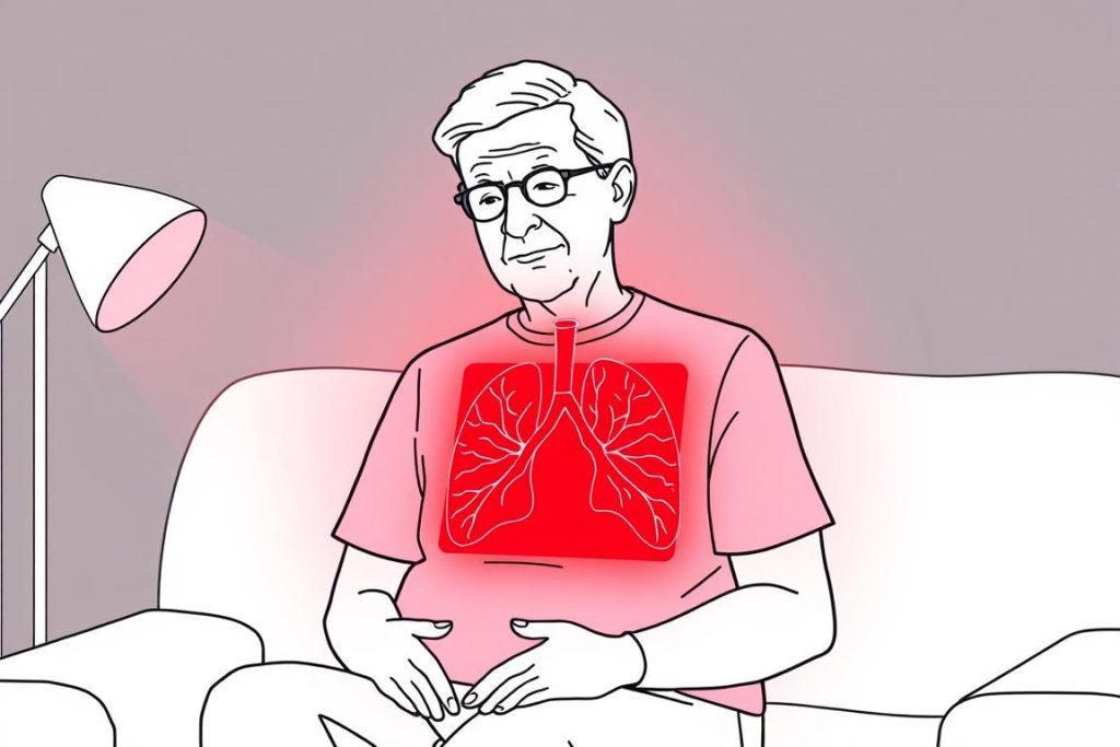 Line drawing of an older person using a red light therapy panel directed at their chest area for COPD treatment