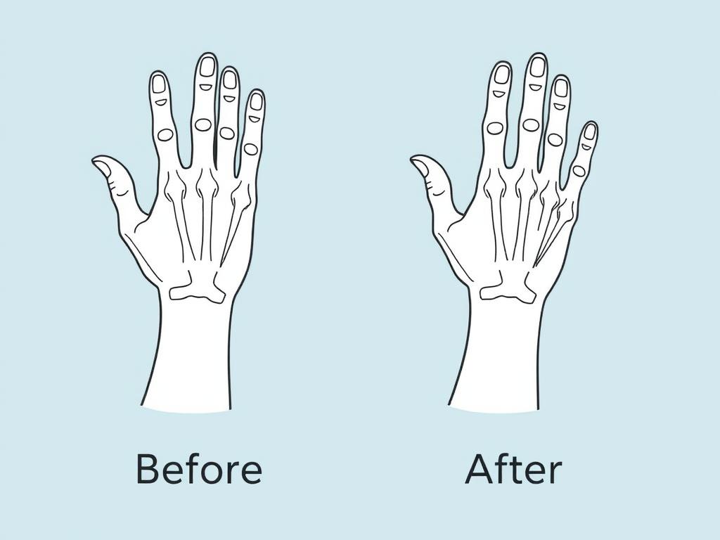 Line drawing of before and after hand positions showing improved mobility after red light therapy for carpal tunnel