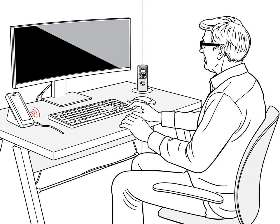 Line drawing of ergonomic workspace setup to prevent carpal tunnel syndrome while using red light therapy
