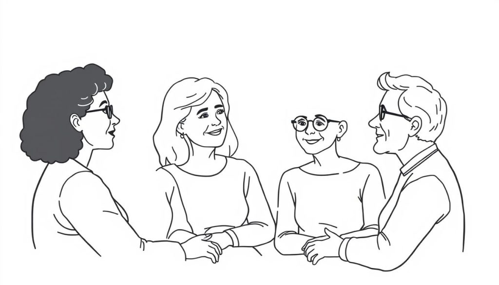 Line drawing of multiple people with lupus discussing their experiences with red light therapy